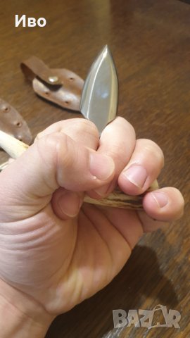 Нож острие кожа сребърна монета еленов рог, снимка 3 - Ножове - 31822909