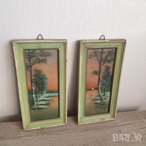 Стари малки картини „Езерен пейзаж“, рисувани върху стъкло, снимка 6 - Антикварни и старинни предмети - 52061087