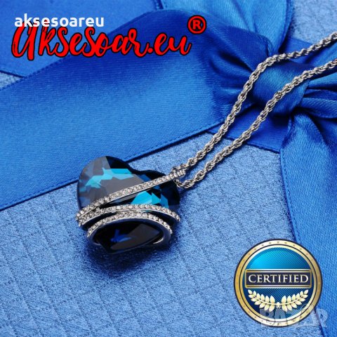 Дамско колие с висулка романтично чаровно синьо сърце кристал с посребрена верижка бижу верига мода , снимка 13 - Пръстени - 38380375