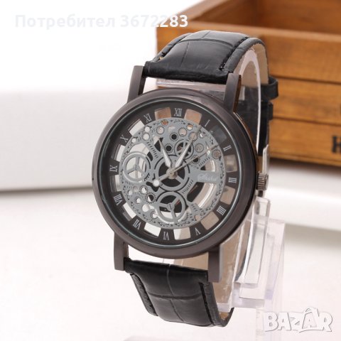 Изискан прозрачен мъжки ръчен часовник с кварцов механизъм и кожена каишка, снимка 1 - Мъжки - 42805173