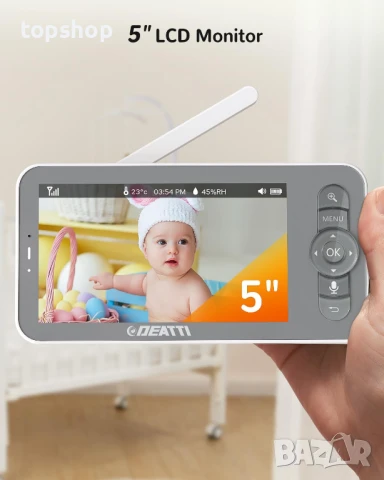 Бебефон DEATTI 200 метра обхват, 5-инчов дисплей, управление чрез приложение PTZ, двупосочно аудио.., снимка 5 - Бебефони - 51004299