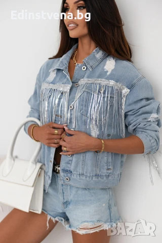 Дамско дънково яке в синьо с пайети и ефектни ресни, снимка 4 - Якета - 50791428