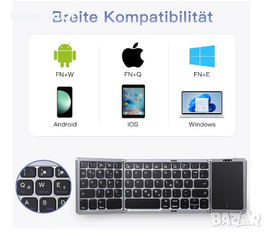 Сгъваема клавиатура OMOTON KB568, безжична акумулаторна Bluetooth клавиатура с тъчпад, 3 Bluetooth , снимка 7 - Клавиатури и мишки - 50179770