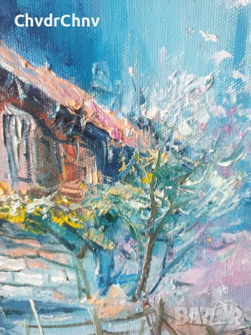 Димитър Генев 33x27см/малка българска картина масло върху платно/стара селска къща, снимка 5 - Картини - 51153006