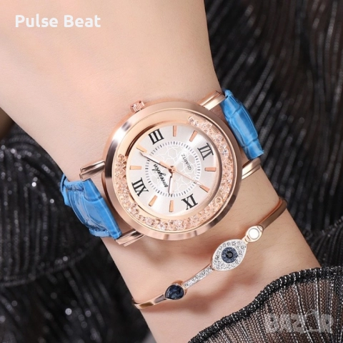 Дамски ръчен часовник с кръгъл циферблат с камъни и кожена каишка, снимка 5 - Дамски - 52056448