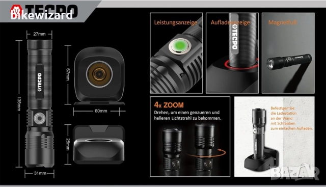 TECPO 600 лумена 7500 K 250 м обхват на лъча 2600 mAh батерия НОВА, снимка 3 - Други инструменти - 52946441