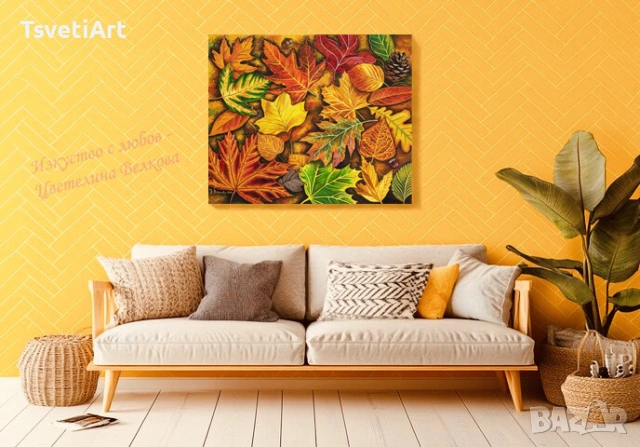 Оригинална картина – есенни листа – акрил – идея за подарък, снимка 6 - Картини - 53937632