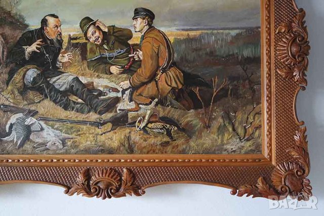 Охотники на привале - Василий Перов, живопис, маслени бои, резбована рамка , снимка 2 - Картини - 19797652