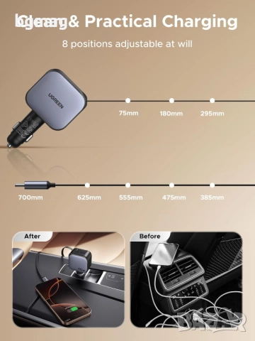 UGREEN 90W USB зарядно,с интегриран прибиращ се кабел, снимка 2 - Зарядни за кола - 52069141