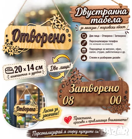 🔄 Двустранна табела „Отворено / Затворено“ за магазин и търговски обект