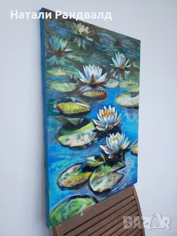 Оригинална маслена картина "Nymphaea: Azure Waters" / Ръчна изработка, снимка 8 - Картини - 56233652