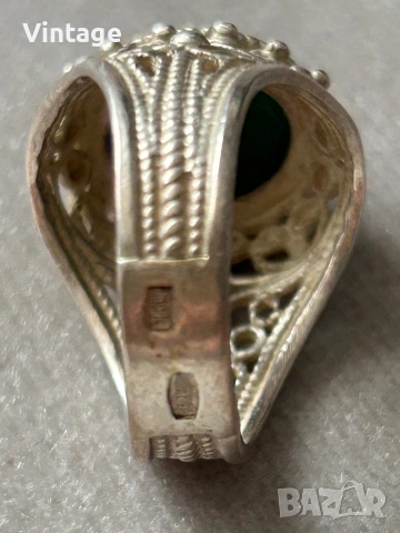 Антикварен съветски сребърен пръстен с малахит, снимка 8 - Пръстени - 53260437