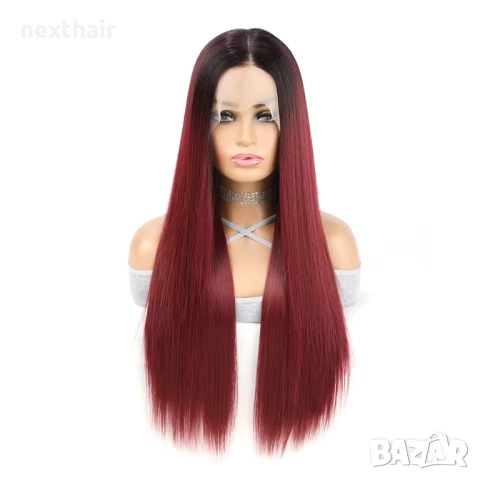 Бордо синтетична перука с тъмни корени и с дантела отпред 13x4, снимка 5 - Аксесоари за коса - 52229294