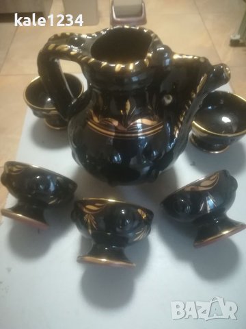 Керамичен сервиз за вино. Черно със злато. Чисто нов. Ръчно рисуван. За механа. Българско производст, снимка 12 - Сервизи - 39029147