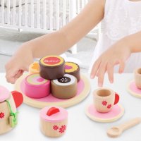 Чаено парти - Дървен детски комплект за симулации с поднос, чай и кексове, снимка 4 - Образователни игри - 36633848