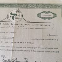 Сертификат за притежание на 26 акции (САЩ) | South Coast Life Insurance | 1963г., снимка 3 - Други ценни предмети - 34876308