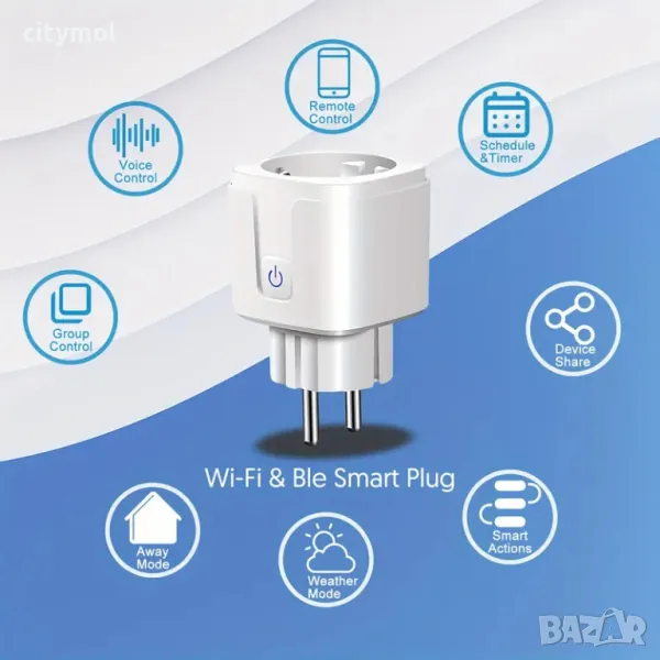 Смарт WiFi контакт, енергиен мониторинг, гласови команди,16A - 3500W, снимка 1