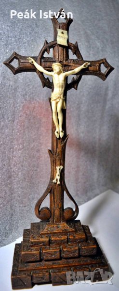 55. Античен, слонова кост Исус Христос 8,3 см, 31 см реалистично издълбано разпятие, кръст, корпус., снимка 1