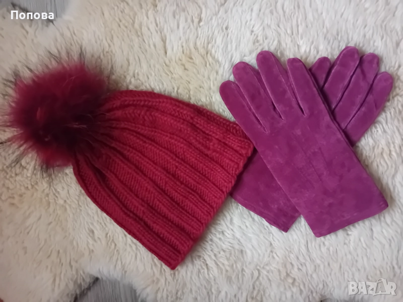 Маркови велурени ръкавици и нова шапка с пон пон лисица/сет/, снимка 1