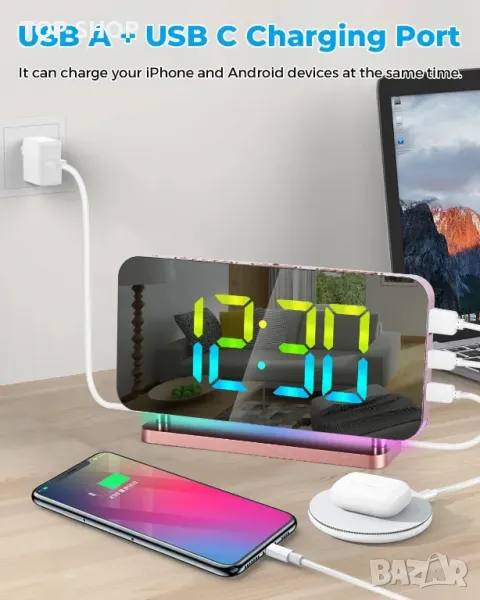 Цифров будилник с многоцветна подсветка SZELAM, 7,4" LED огледален, снимка 1