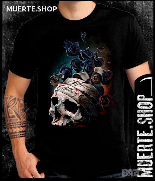 Черна тениска с щампа OLD SKULL N ROSES, снимка 1