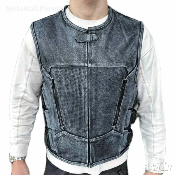 Кожен мото елек Roader СИН рокер клубен естествена кожа от S до 8XL, снимка 1