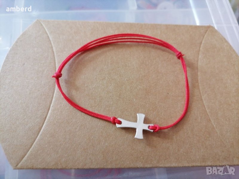 Сребърно кръстче на червен конец , снимка 1