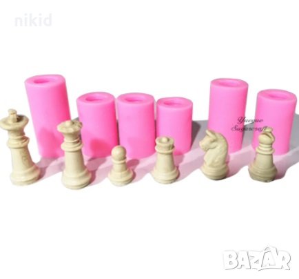 3D 6 бр цилиндър Шах фигурки сет силиконов молд форма калъп гипс фондан шоколад смола, снимка 1