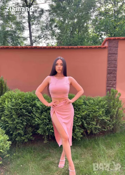 Комплект топ и пола с дълбока цепка розов, снимка 1