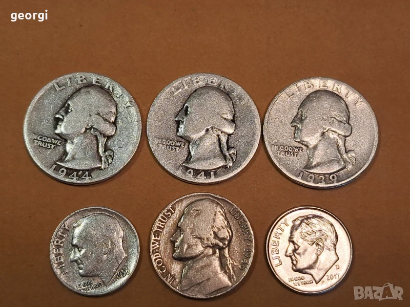 6 американски сребърни монети 5 цента, 10 цента, четвърт долар, снимка 1