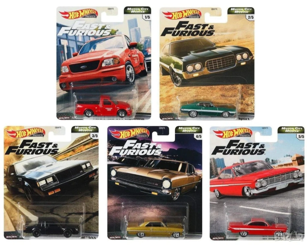 Hot Wheels Premium Fast & Furious Motor City Muscle Set of 5 Cars Пълен сет oт 5 колички, снимка 1
