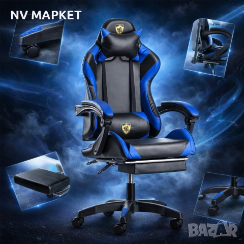 Ергономичен геймърски стол с поставка за крака, масажна функция,2 възглавници-шийна и лумбална 89.90, снимка 5 - Столове - 53167340
