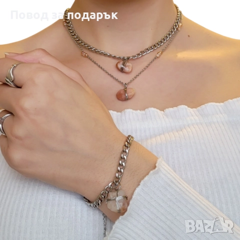 Нежен сет от неръждаема стомана и естествен кварц , снимка 2 - Бижутерийни комплекти - 52660724