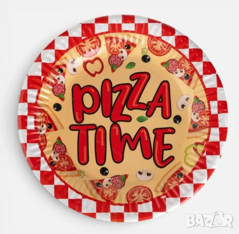 Хартиени парти чинии червени на каре „Pizza Time“ Ø18 см – 12 бр.