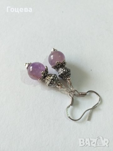 Разкошен комплект обици и колие със скъпоценни камъни Аметист и орнаменти в цвят Сребро , снимка 2 - Бижутерийни комплекти - 37440805