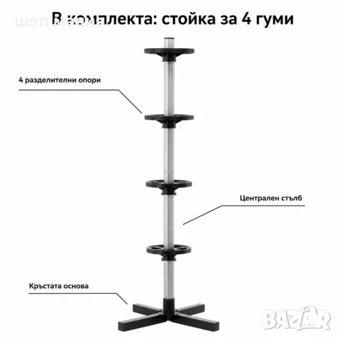 Вертикална стойка за съхранение на 4 автомобилни гуми, до 100 кг, снимка 6 - Аксесоари и консумативи - 55976822