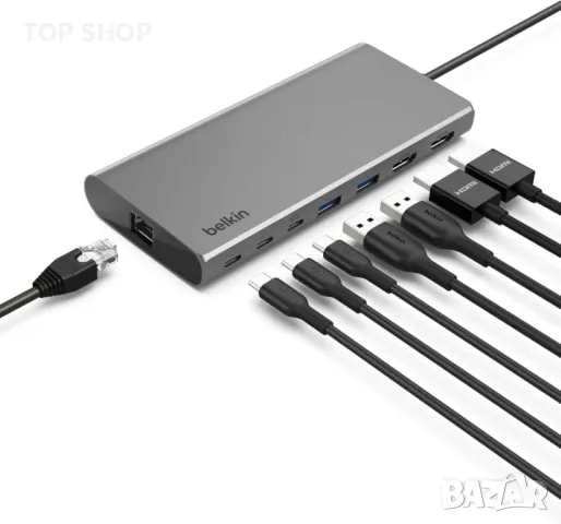 Belkin USB-C 8 в 1 хъб,2 USB-C, 2 USB-A, 2 HDMI, Ethernet и 100 W порт, снимка 2 - Кабели и адаптери - 49451998