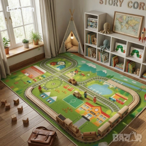 Детски килим за игра 120х160см - Яркозелен килим с влак и релси, противоплъзгащ и миещ се, снимка 4 - Други - 53928239