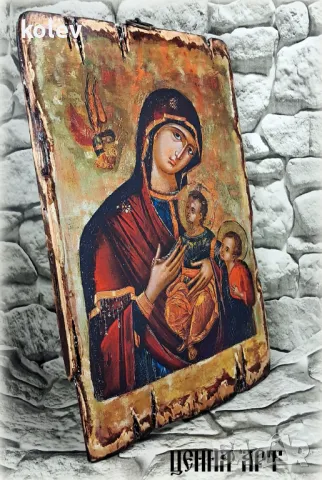 Репродукция на много рядка икона Богородица с децата Исус и Йоан Предтеча 30/20 см УНИКАТ, декупаж, снимка 3 - Икони - 33070636