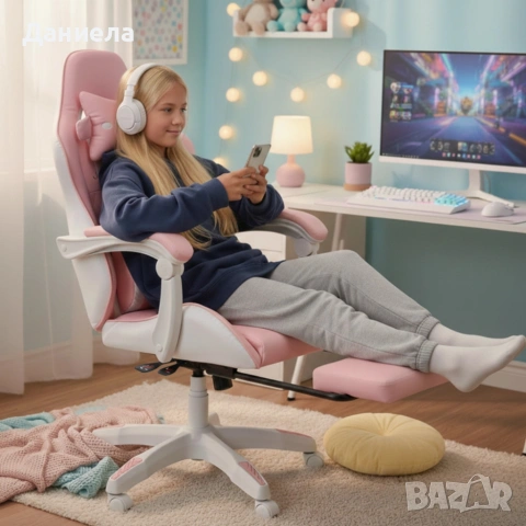 Ергономичен розов геймърски стол с поставка за крака - регулируема облегалка и 2 възглавници , снимка 3 - Столове - 53969839