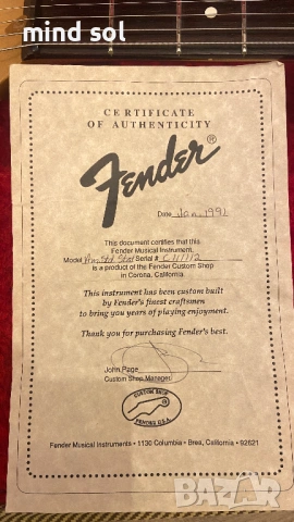 Fender John Page Custom Shop 1991 Stratocaster OHSC + COA Texas Special RARE, снимка 13 - Китари - 54361265