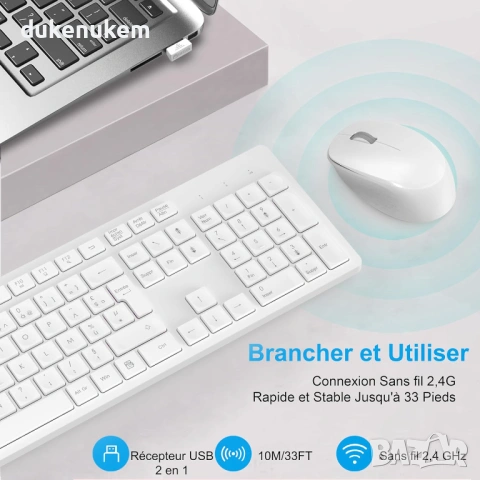 Безжичен комплект клавиатура и мишка – ултратънък и тих (AZERTY), снимка 2 - Клавиатури и мишки - 53084416