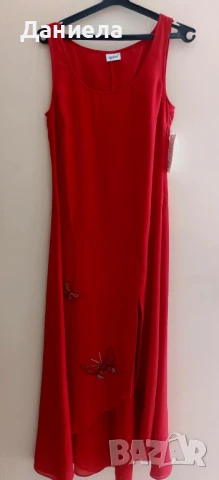 Червена дълга лятна рокля с пеперуди., снимка 2 - Рокли - 51240235