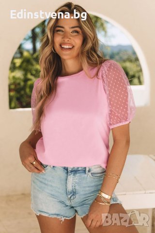 Дамска памучна блуза в розово с ръкави от тюл на точки, снимка 14 - Тениски - 42775062