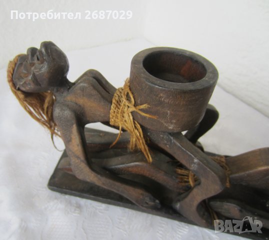 негри 25 см дълга композиция от дърво с дървен съд, жена керамика моливник, пепелник, снимка 13 - Статуетки - 37587922