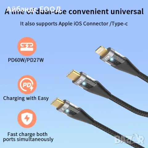 2в1 висок клас плетен кабел с 60W Тype C и Lightning, снимка 5 - Кабели и адаптери - 49423241