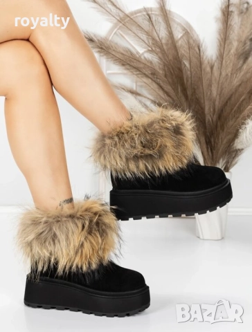 Боти на платформа - черен ЕСТЕСТВЕН велур с бежов ЕСТЕСТВЕН косъм, снимка 4 - Дамски боти - 52528896