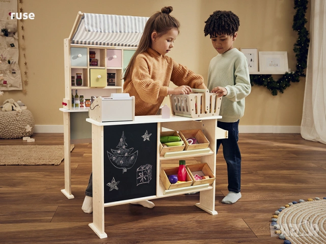 НОВИ! Дървен детски магазин щанд с черна дъска и тента 83x110x75см, снимка 3 - Други - 54144444