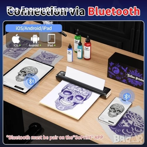 Нов Термален принтер за татуировки 2400mAh Bluetooth Android iOS лаптоп, снимка 2 - Друга електроника - 52741706