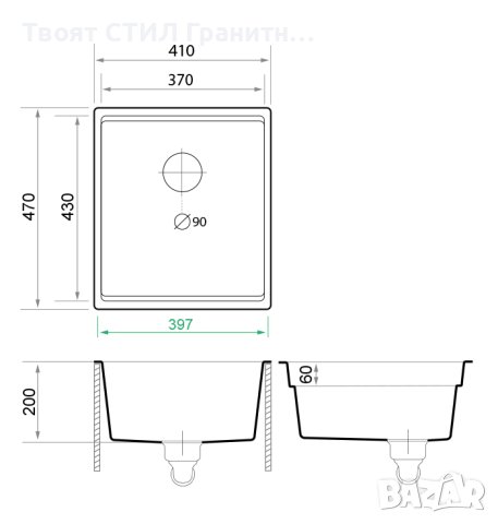 Кухненска Мивка от гранит модел Прага 45 Премиум 410 x 470 мм - сива, снимка 3 - Други - 40724831